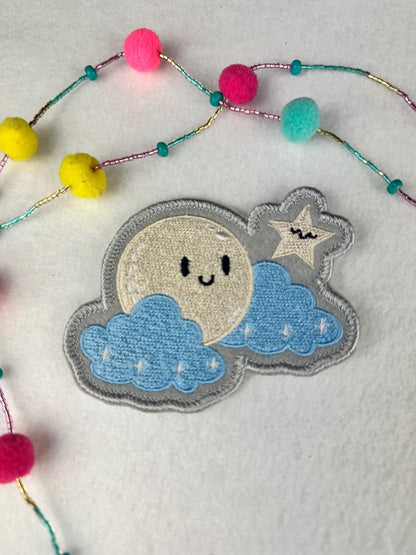 Kawaii Moon Cloud Patch, Cute Night Sky Embroidered Patch, Cloud & Stars, Sew On Patch with Iron-On Adhesive for Placement Backpack Patch