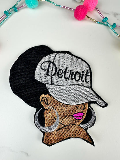 Afro City Name Embroidery Patch, City Name 7 Designs, 3D Black Woman Patch, Earrings Lipstick, Sew On with Iron-On Adhesive for Placement