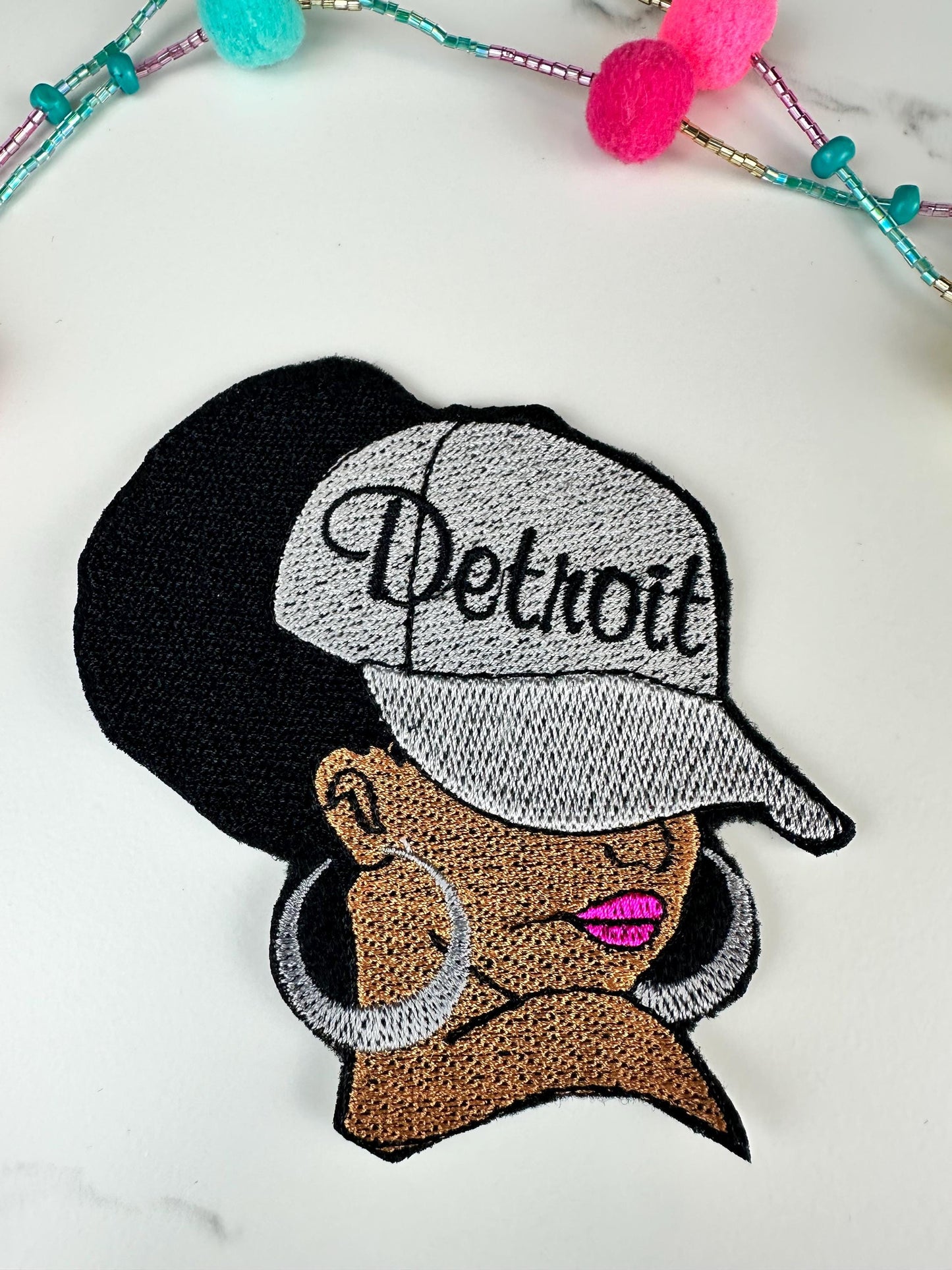 Afro City Name Embroidery Patch, City Name 7 Designs, 3D Black Woman Patch, Earrings Lipstick, Sew On with Iron-On Adhesive for Placement