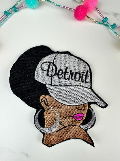 Afro City Name Embroidery Patch, City Name 7 Designs, 3D Black Woman Patch, Earrings Lipstick, Sew On with Iron-On Adhesive for Placement