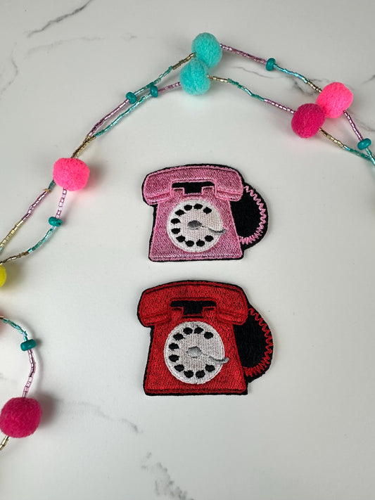 Mini Rotary Phone Embroidery Patch - Red or Pink