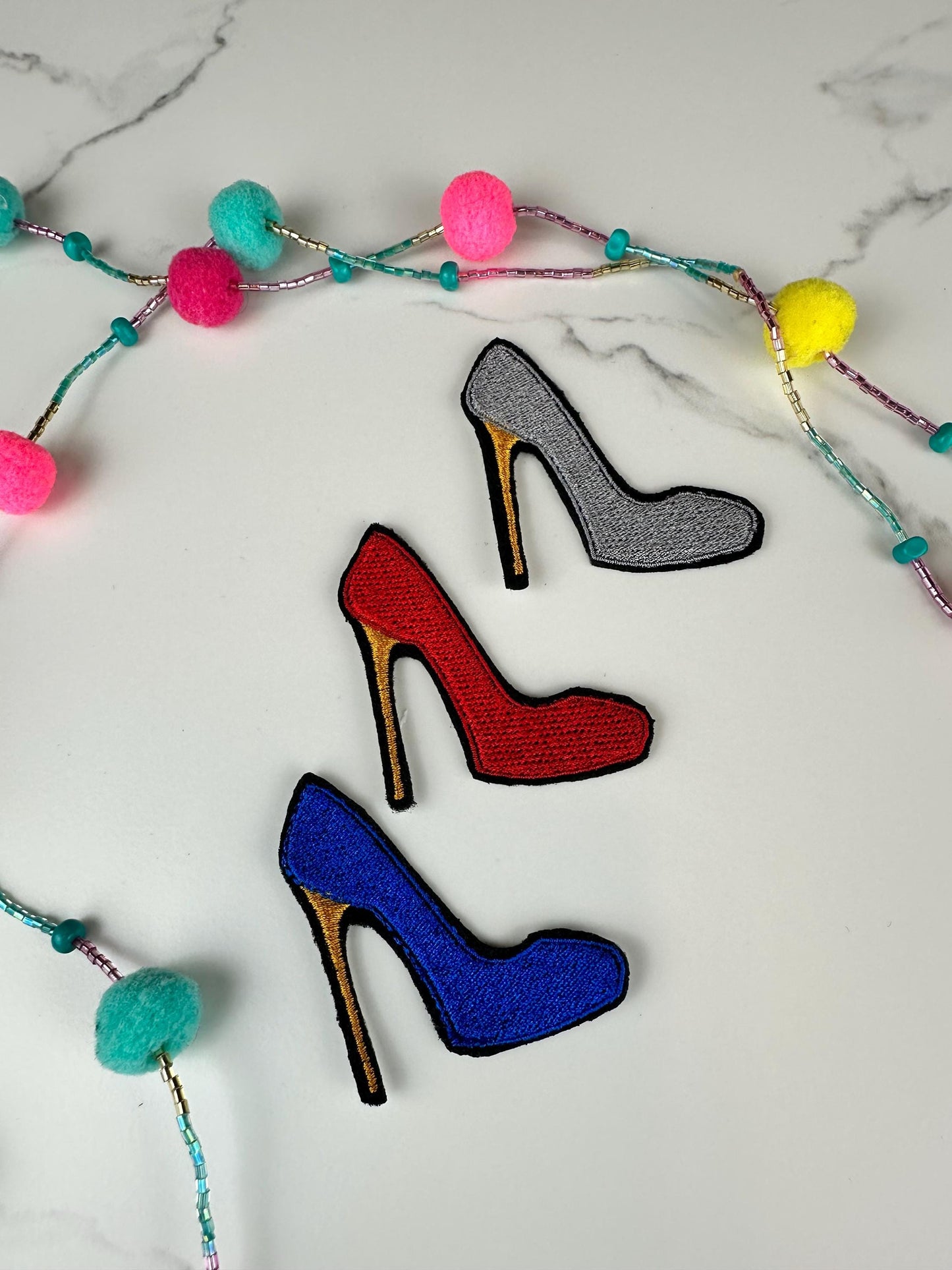 High Heel Embroidery Patch, Stiletto Shoe Patch, Red Blue Silver Heel Applique, Sew On Patch with Iron On Adhesive for Placement