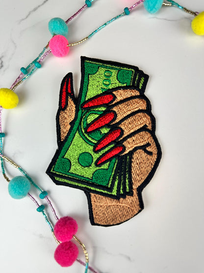 Black Woman's Hand Holding Money Embroidery Patch, Flawless Nails Patch, , Sew On with Iron-On Adhesive for Placement. Nail tech gift