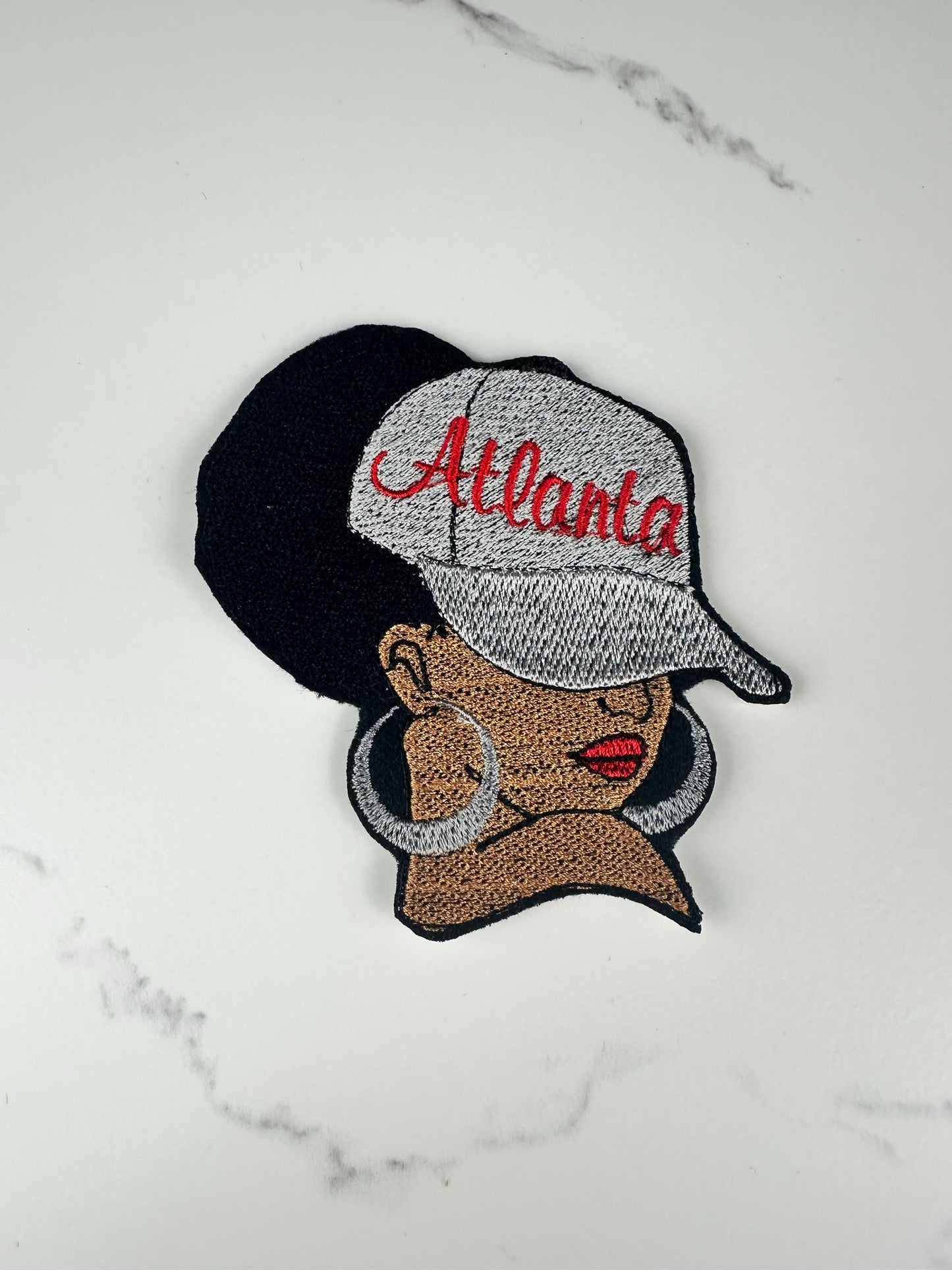 Afro City Name Embroidery Patch, City Name 7 Designs, 3D Black Woman Patch, Earrings Lipstick, Sew On with Iron-On Adhesive for Placement