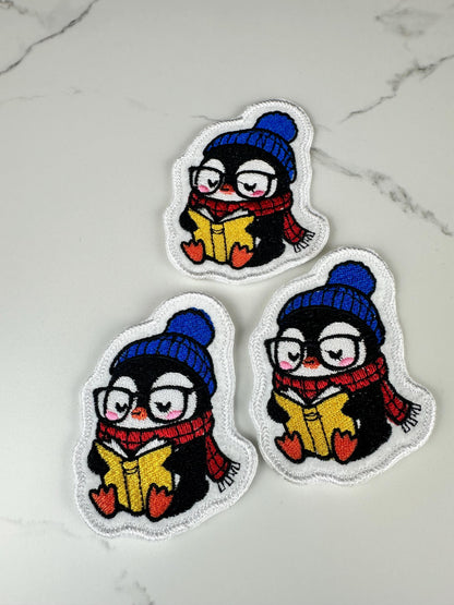Penguin Embroidery Patch, Cute Winter Penguin Patch, Reading Penguin Applique, Sew On Patch with Iron On Adhesive for Placement