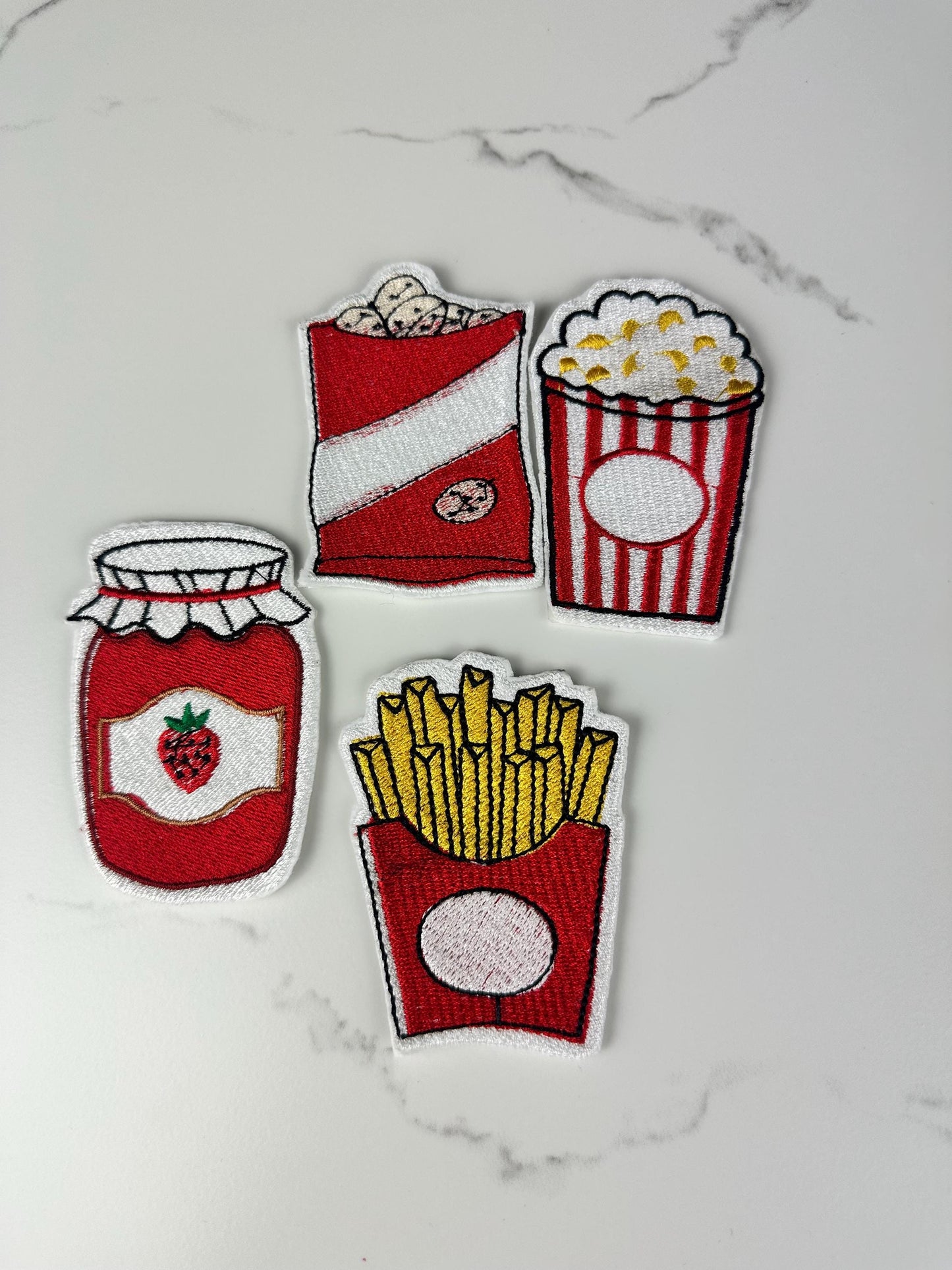 Mini Food Embroidery Patches (Set of 4), Popcorn Fries Jam Cookies Snack Bundle