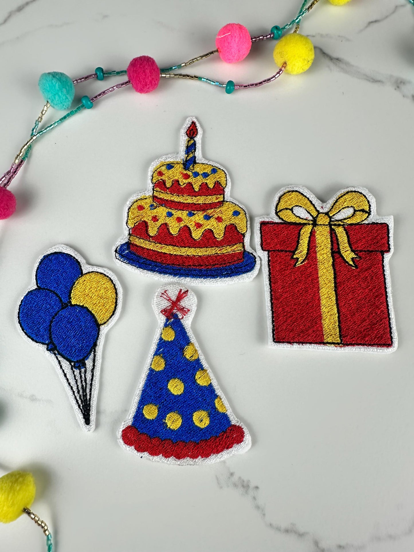 Birthday Embroidery Patch Bundle, Cake Gift Balloons Hat, Mini Sew On Patches (2 3/8" Max)