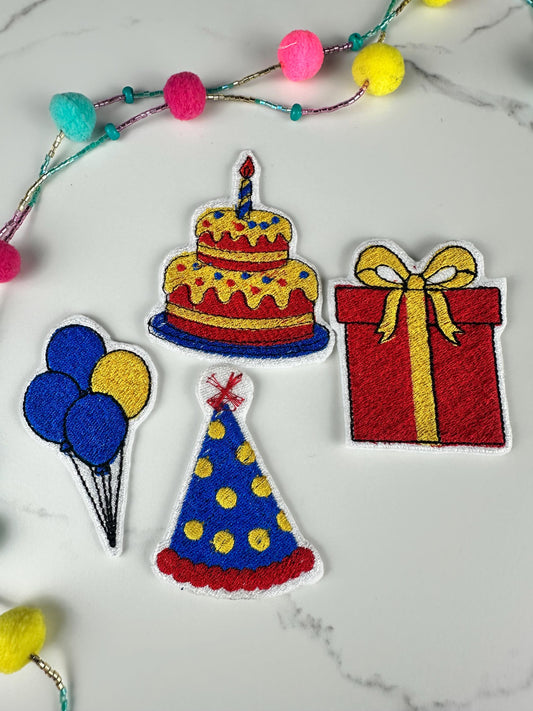 Birthday Embroidery Patch Bundle, Cake Gift Balloons Hat, Mini Sew On Patches (2 3/8" Max)