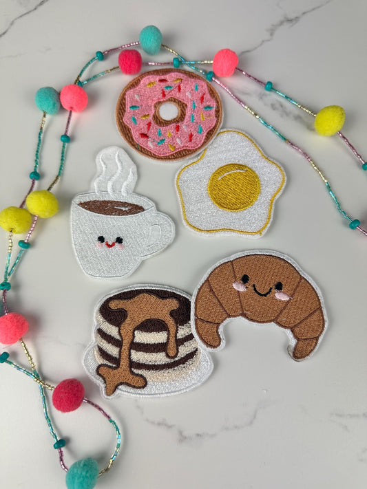 Breakfast Embroidery Patch Bundle, Kawaii Donut, Egg, Coffee, Pancakes, Croissant