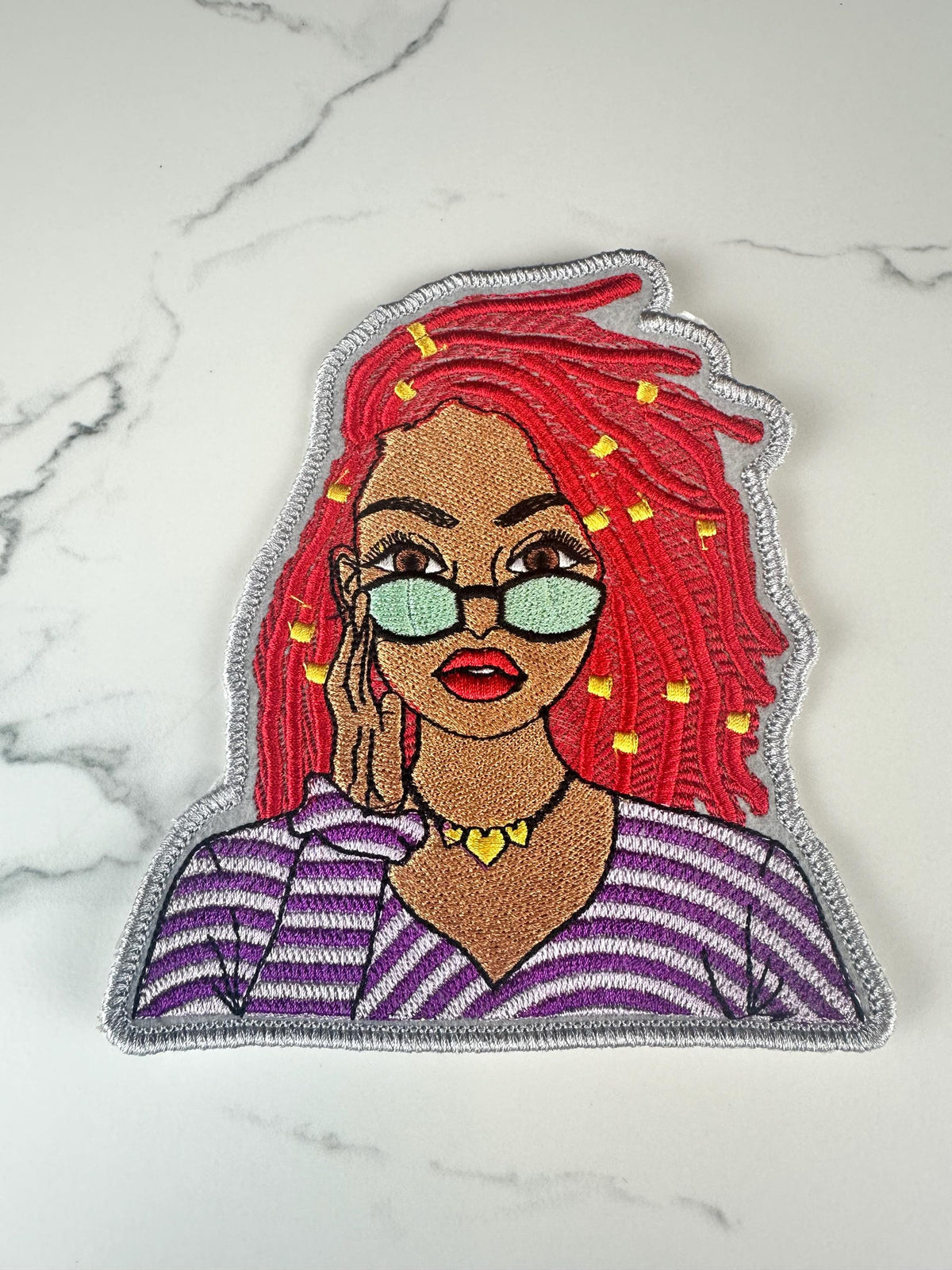 Black Woman Embroidery Patch: Shades, Dreads, Adhesive Backing