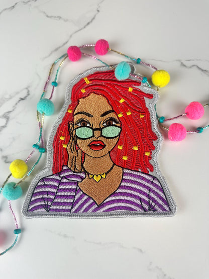 Black Woman Embroidery Patch: Shades, Dreads, Adhesive Backing