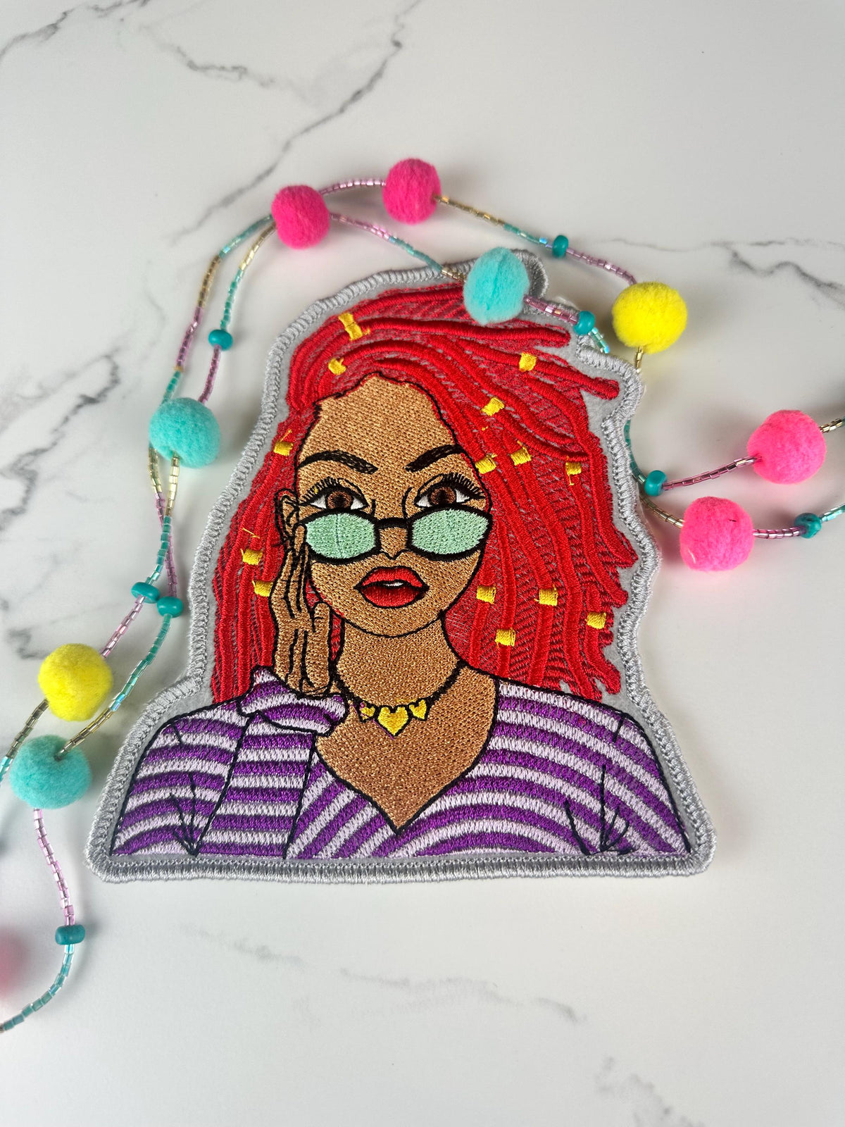 Black Woman Embroidery Patch: Shades, Dreads, Adhesive Backing