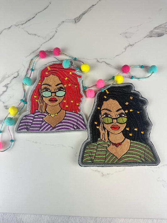 Black Woman Embroidery Patch: Shades, Dreads, Adhesive Backing