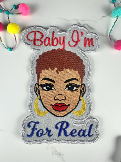 Baby I’m For Real Embroidery Patch, Afro Woman Patch, Sew On with Iron-On Adhesive for Placement