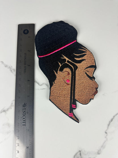 Braided Beauty Patch – Black Woman Embroidery Patch with Braids Updo, Royal Blue & Hot Pink Hair, Afrocentric Sew on Patch