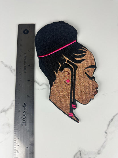 Braided Beauty Patch – Black Woman Embroidery Patch with Braids Updo, Royal Blue & Hot Pink Hair, Afrocentric Sew on Patch