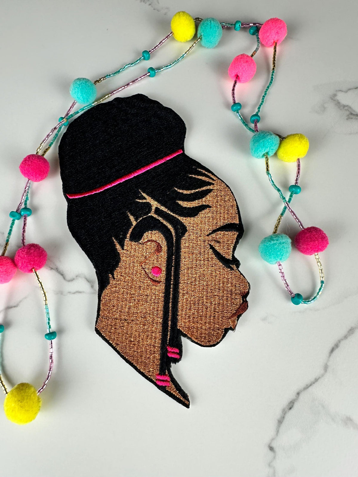 Braided Beauty Patch – Black Woman Embroidery Patch with Braids Updo, Royal Blue & Hot Pink Hair, Afrocentric Sew on Patch