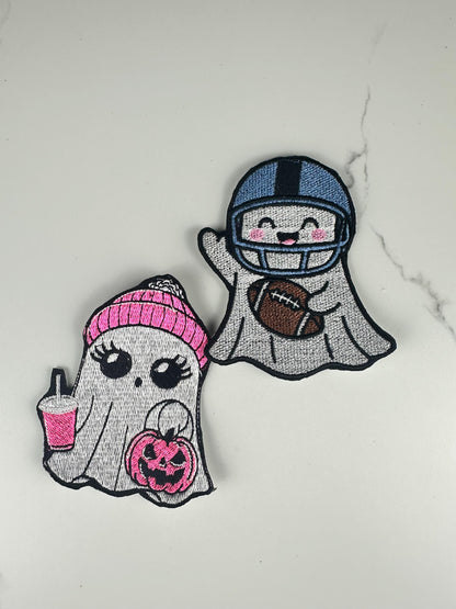 Cute Ghost Embroidery | Pink Beanie Ghost & Football Ghost Embroidered | Halloween Couple | Spooky Season-Bundle Available