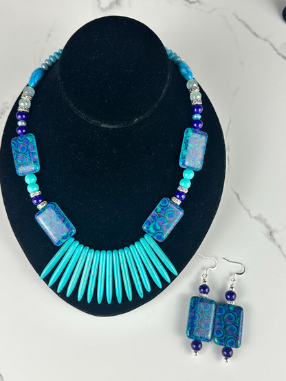 Peacock Feather Print Rectangle  Statement Necklace, Purple Aqua Beaded Necklace, Handmade Jewelry,