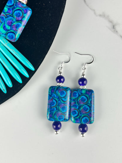 Peacock Feather Print Rectangle  Statement Necklace, Purple Aqua Beaded Necklace, Handmade Jewelry,
