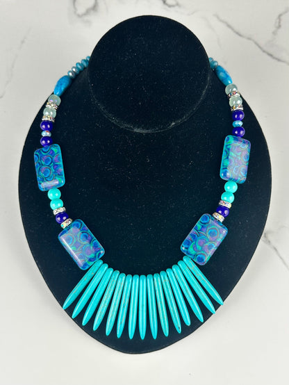 Peacock Feather Print Rectangle  Statement Necklace, Purple Aqua Beaded Necklace, Handmade Jewelry,